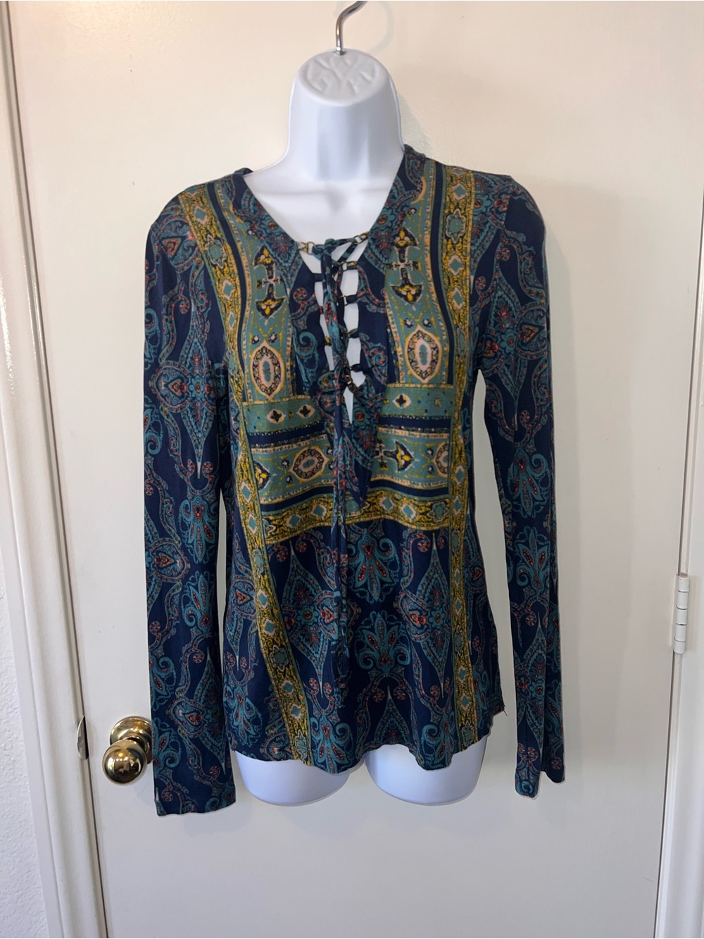 Free People Lace-Up Paisley Long Sleeve Top in Navy, Teal & Mustard